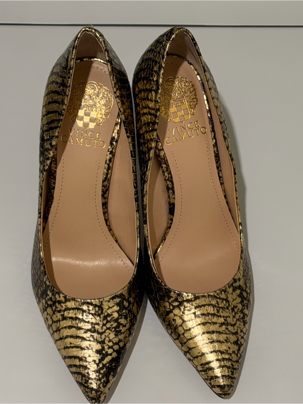 Vince Camuto Metallic Gold Snake-Print Pointed Toe Pumps